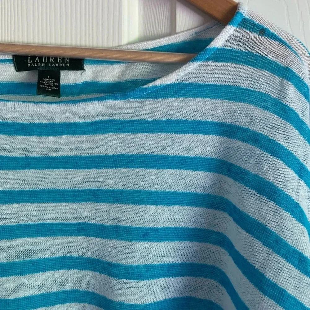 Lauren Ralph Lauren Top Linen Large White Blue Striped Dolman Sleeve Euro Summer - Picture 12 of 12